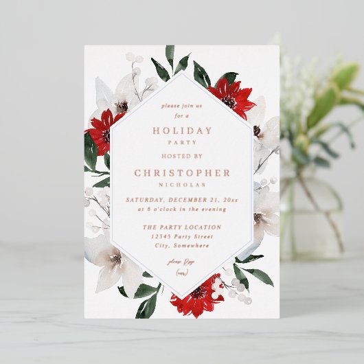 赤と白のクリスマスまたは休日のフローラパーティー 箔招待状 (立ち正面)