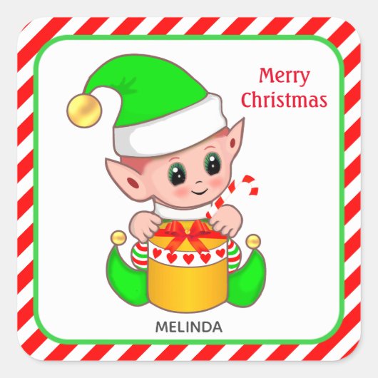 赤と白のクリスマスエルフ、カスタムテキスト スクエアシール (正面)
