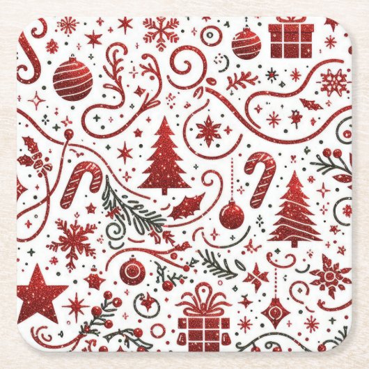 赤と白のクリスマスコースター紙製 スクエアペーパーコースター (正面)