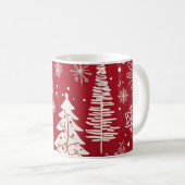 赤と白のクリスマスツリーと雪の結晶の模様 コーヒーマグカップ (正面右)