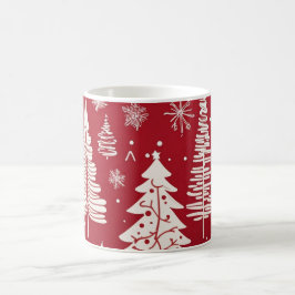 赤と白のクリスマスツリーと雪の結晶の模様 コーヒーマグカップ