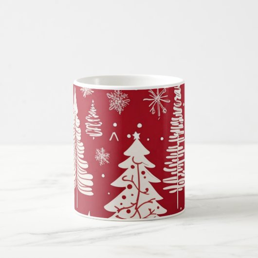 赤と白のクリスマスツリーと雪の結晶の模様 コーヒーマグカップ (中央)