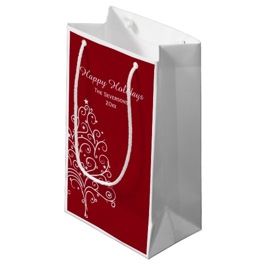 赤と白のクリスマスツリーの幸せな休日 スモールペーパーバッグ (正面アングル)