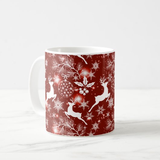 赤と白のクリスマスパターンにトナカイ コーヒーマグカップ (正面左)