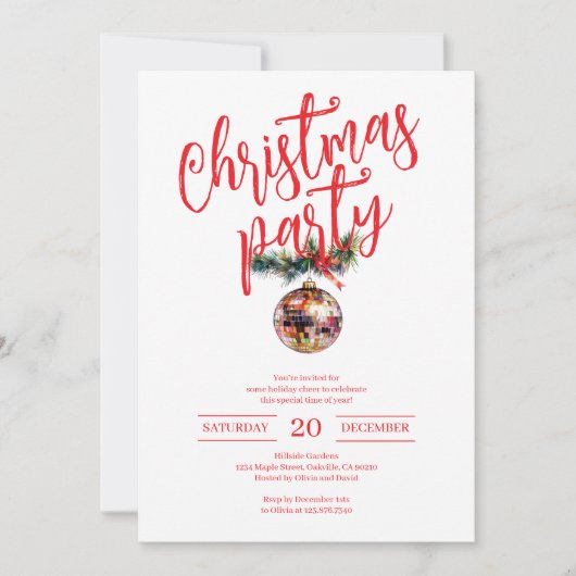 赤と白のクリスマスパーティーディスコボール 招待状 (正面)