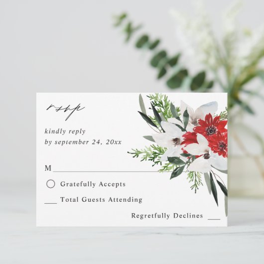 赤と白のクリスマスフローラいいえ食事RSVP 出欠カード (スタンド正面)