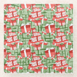 赤と白のクリスマスプレゼントを持つ緑 ガラスコースター