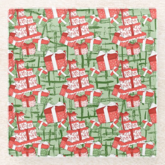 赤と白のクリスマスプレゼントを持つ緑 ガラスコースター (正面)