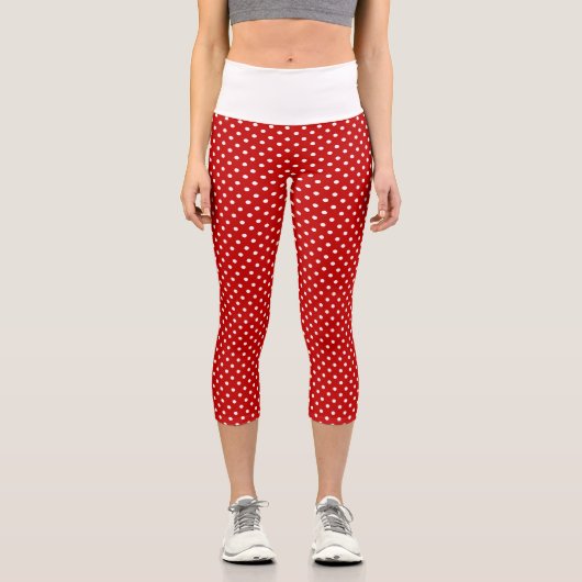 赤と白のクリスマス水玉模様パターン カプリレギンス (正面)