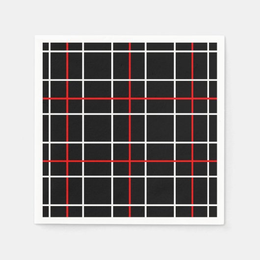 赤と白のグラフィカルなラインの黒チェック柄デザイン スタンダードカクテルナプキン (正面)