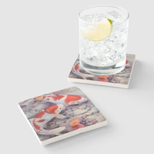 赤と白のコイの魚のいる池 ストーンコースター (横)