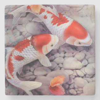赤と白のコイの魚のいる池 ストーンコースター
