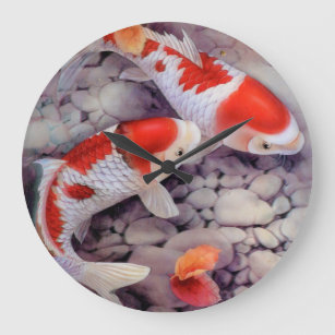 赤と白のコイの魚のいる池 ラージ壁時計