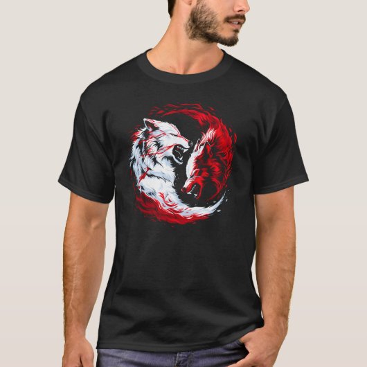 赤と白のコズミックウルフウォリアー Tシャツ (正面)