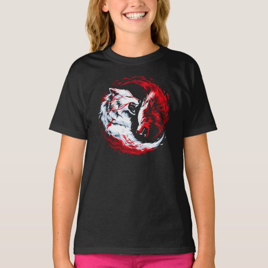 赤と白のコズミックウルフウォリアー Tシャツ (正面)