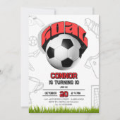 赤と白のサッカーボールの誕生日パーティー 招待状 (正面)
