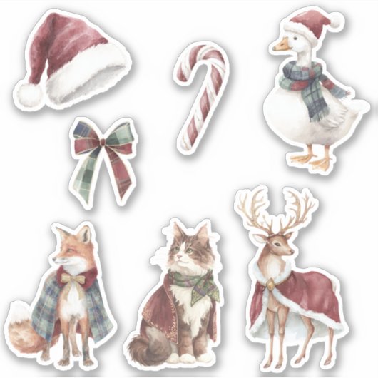 赤と白のサンタ帽子のキャンディケインの動物たちのクリスマス シール (正面)