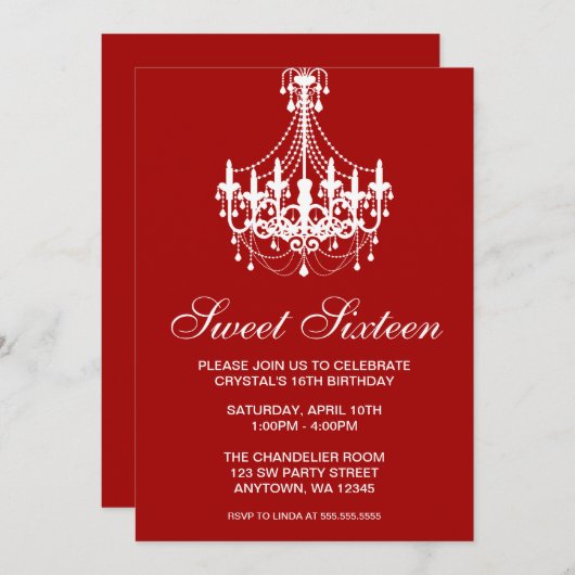 赤と白のシャンデリアのSweet sixteenの誕生日 招待状 (正面/裏面)