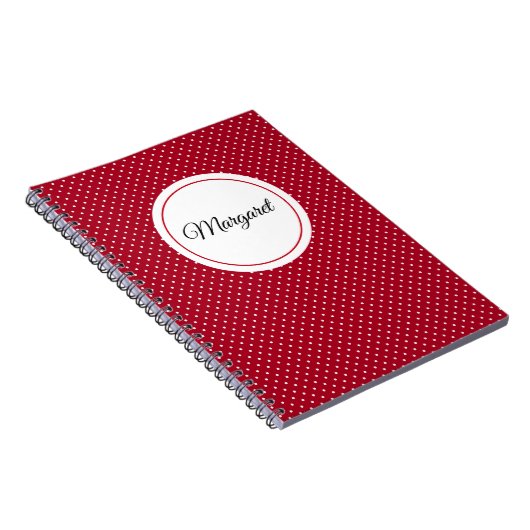 赤と白のスイスのドット付きスパイラルの名前 ノートブック (右側)