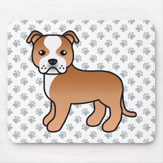 赤と白のスタッフィ かわいいキャラクターの犬と足跡 マウスパッド (正面)