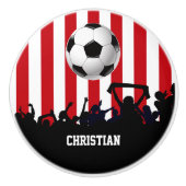 赤と白のストライブ柄のサッカーファンおよびフットボール セラミックノブ (正面)