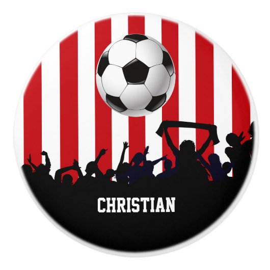 赤と白のストライブ柄のサッカーファンおよびフットボール セラミックノブ (正面)