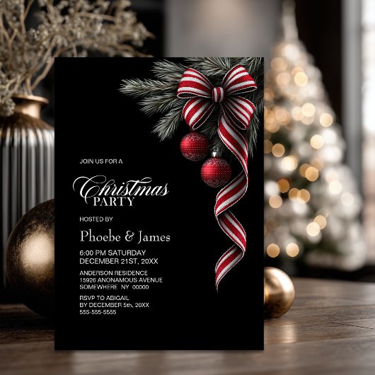 赤と白のストライプのクリスマスボウ クリスマスパーティー 招待状