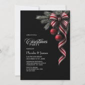 赤と白のストライプのクリスマスボウ クリスマスパーティー 招待状 (正面)