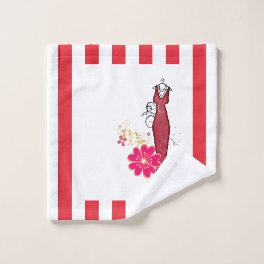 赤と白のストライプバスルームフローラ バスタオルセット (ウォッシュタオル)