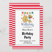 赤と白のストライプフレーム 6歳の誕生日パーティー 招待状 (正面/裏面)