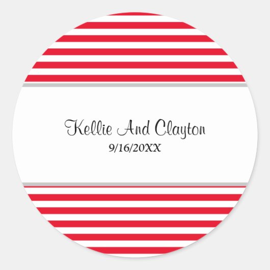 赤と白のストライプ ウェディング クラシック ラウンド ステッカー (正面)
