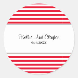 赤と白のストライプ ウェディング クラシック ラウンド ステッカー