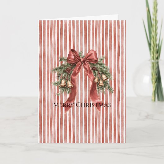 赤と白のストライプ クリスマス リボン ベル カード (正面)