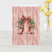 赤と白のストライプ クリスマス リボン ベル カード (黄色い花)