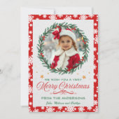 赤と白のスノーフレークとリースクリスマスフォト シーズンカード (正面)
