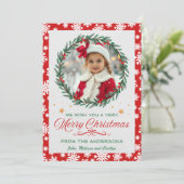 赤と白のスノーフレークとリースクリスマスフォト シーズンカード (スタンド正面)