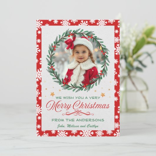 赤と白のスノーフレークとリースクリスマスフォト シーズンカード (スタンド正面)