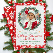 赤と白のスノーフレークとリースクリスマスフォト シーズンカード