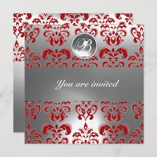赤と白のダマスク模様のジェムストーン モノグラム 招待状 (正面/裏面)