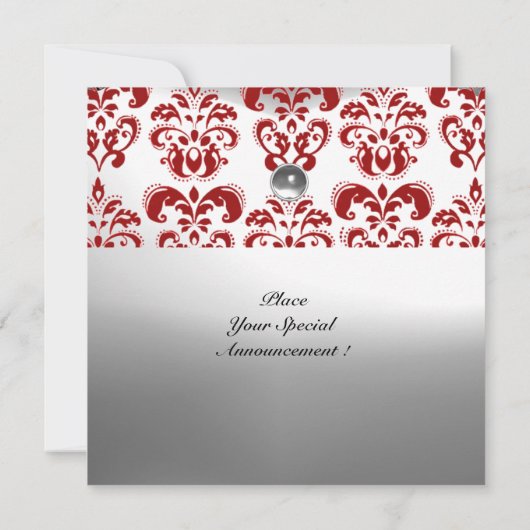 赤と白のダマスク模様のジェムストーン モノグラム 招待状 (裏面)