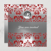 赤と白のダマスク模様の宝石モノグラム 招待状 (正面/裏面)
