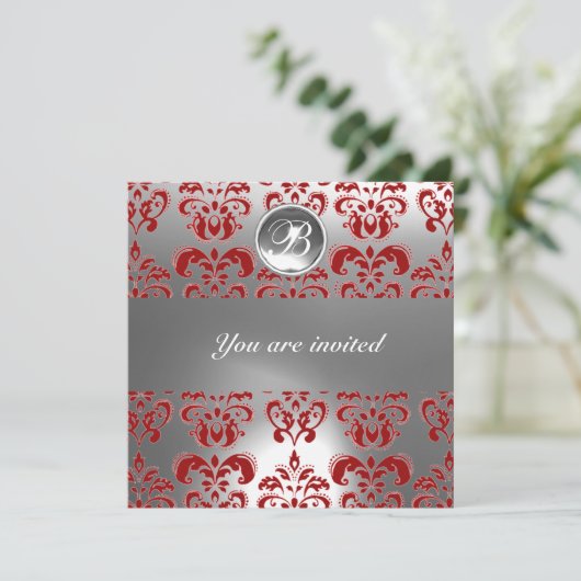 赤と白のダマスク模様の宝石モノグラム 招待状 (スタンド正面)