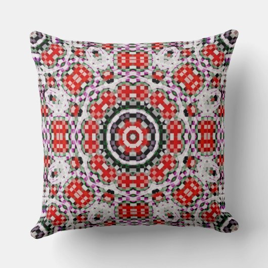 赤と白のチェスまたはピクセルの万華鏡のように千変万化するパターン円形 クッション (裏面)