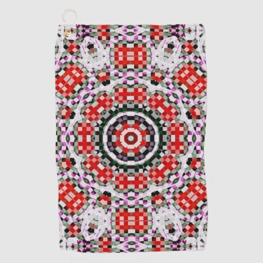 赤と白のチェスまたはピクセルの万華鏡のように千変万化するパターン円形 ゴルフタオル (正面)