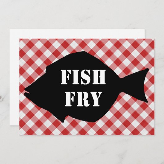 赤と白のチェック済みの布の魚を揚げる魚のサイロ 招待状 (正面/裏面)