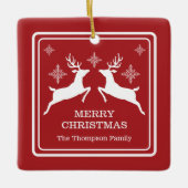 赤と白のトナカイと雪の結晶 クリスマス セラミックオーナメント (正面)