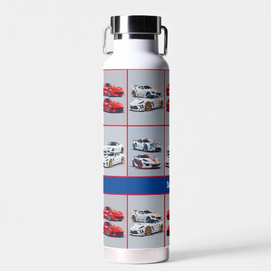 赤と白のトレンディースポーツカーマニア ウォーターボトル (正面)