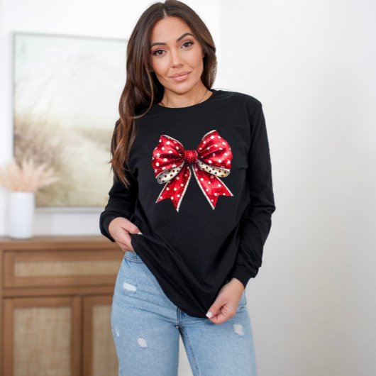 赤と白のドット柄のボウ Tシャツ