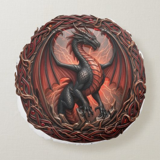 赤と白のドラゴンの枕 ラウンドクッション (正面)