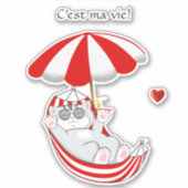 赤と白のハンモックの可愛い子猫 + テキスト シール (正面)